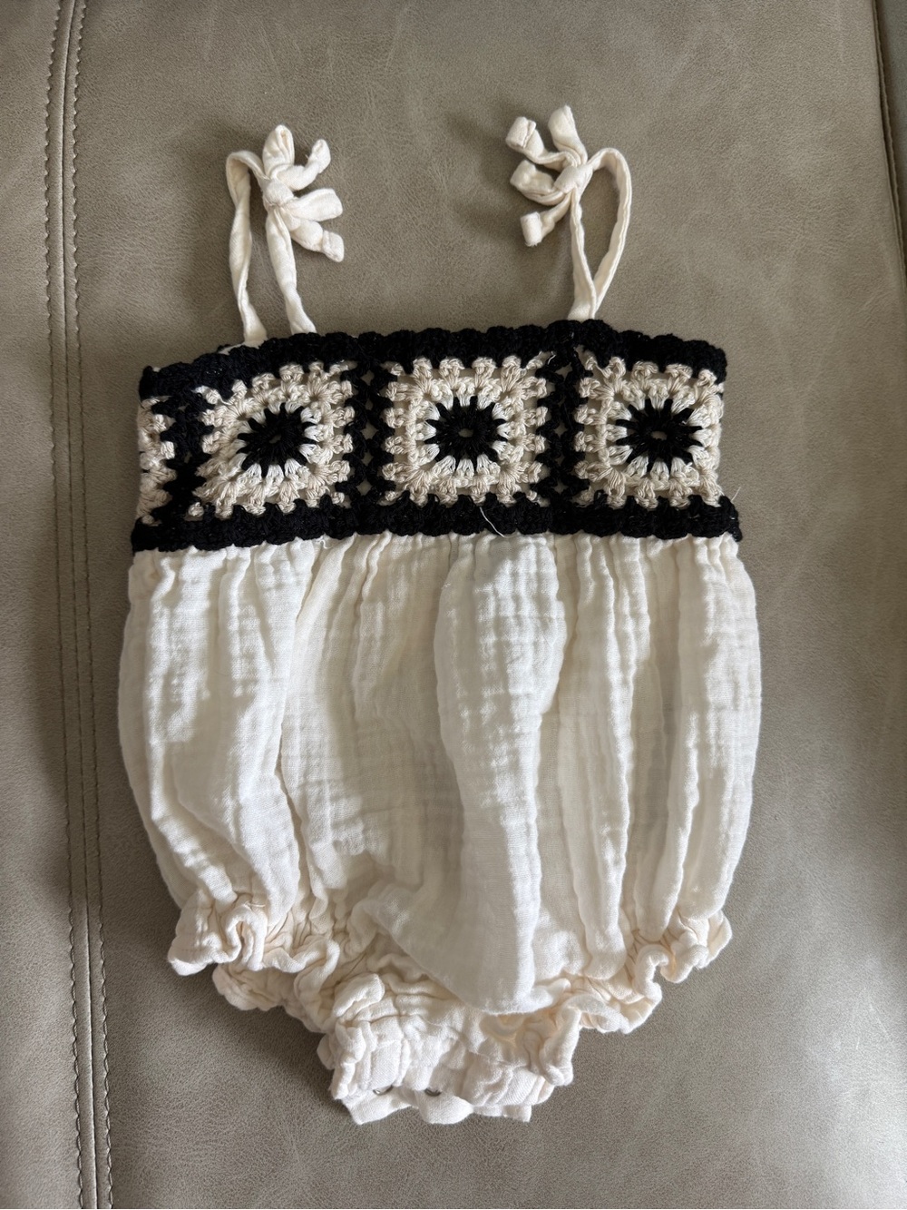Old Navy Cream Cotton Baby Romper with Black Crochet Yoke